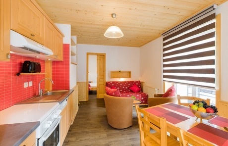 Kitchen, view on the living room and double bedroom N°11 and 21 Residence Les Tavaillons