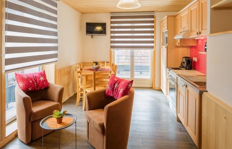 Living room and view on kitchen dining area N°11 and 21 Residence Les Tavaillons